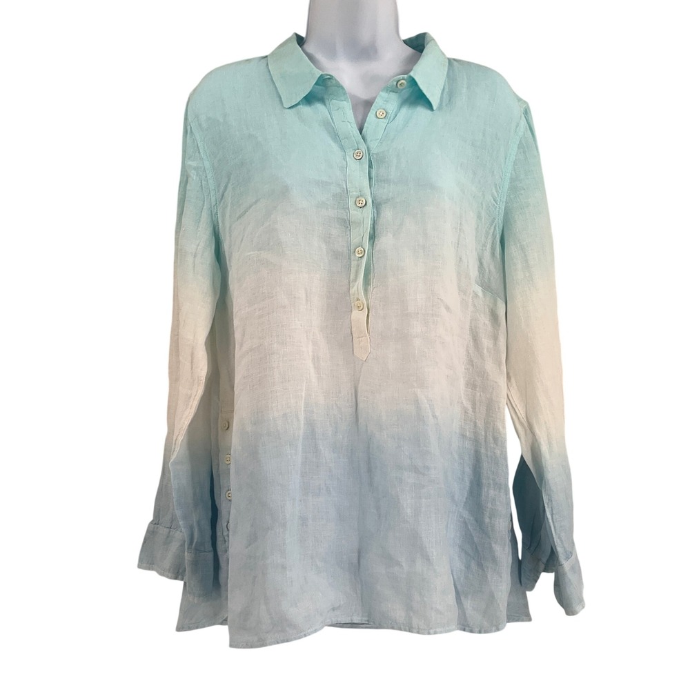 Talbots Petite XL Blue White Ombre 100% Linen Popover Shirt Tunic Coastal Resort